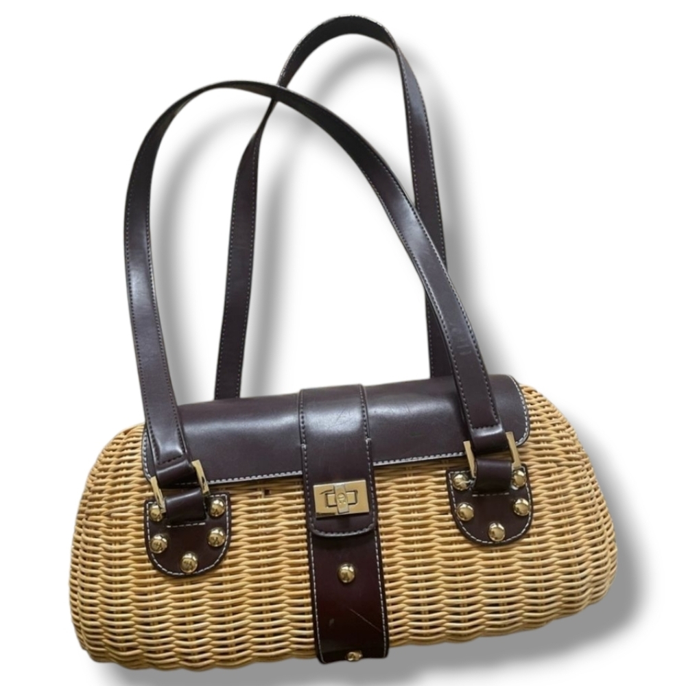 Etienne Aigner Vintage Rattan Y2K Leather Basket Shoulder Bag Coastal Cottage
